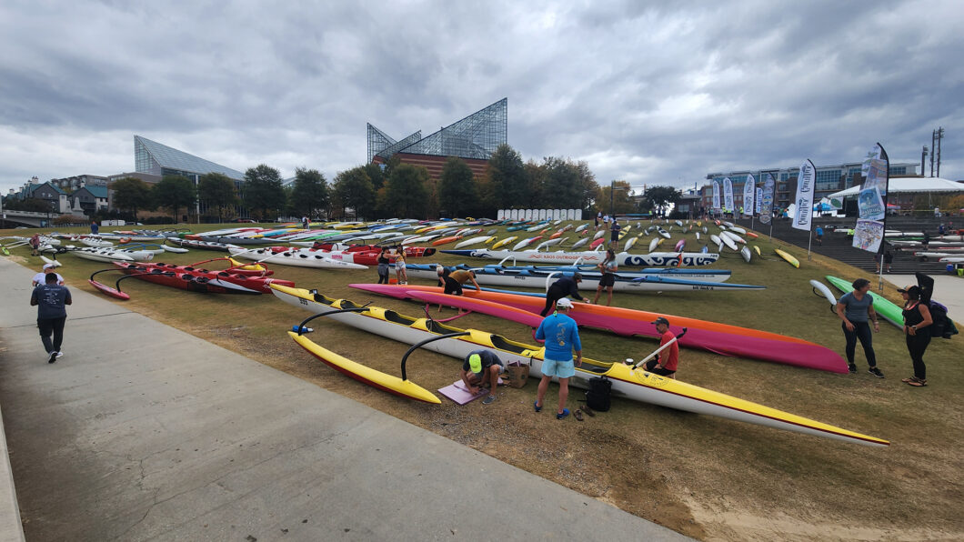 Image of outrigger canoes ready for racing.