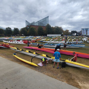 Image of outrigger canoes ready for racing.