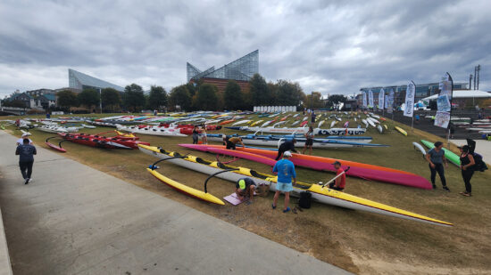 Image of outrigger canoes ready for racing.
